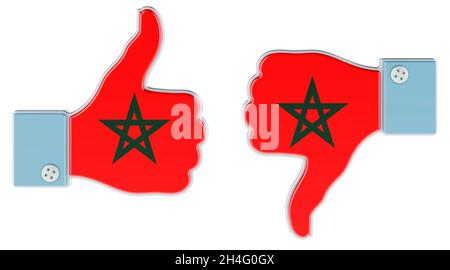 Drapeau marocain peint sur la main avec le pouce vers le haut et le pouce vers le bas.Comme et n'aime pas au Maroc, concept.Rendu 3D isolé sur fond blanc Banque D'Images