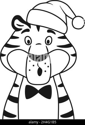 Noir et blanc surprise drôle tigre dans chapeau de Santa Illustration de Vecteur