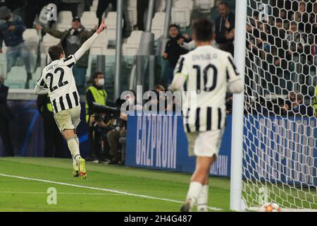 Turin, Italie.02 novembre 2021.Federico Chiesa (Juventus FC) célèbre le but lors du Juventus FC contre Zenit Saint-Pétersbourg, match de football de l'UEFA Champions League à Turin, Italie, novembre 02 2021 crédit: Independent photo Agency/Alay Live News Banque D'Images