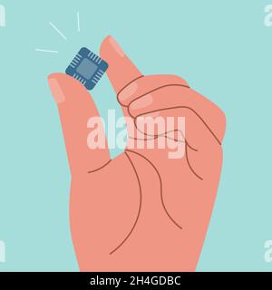 La main humaine tient la puce d'ordinateur.Concept de pénurie mondiale de micropuces pour l'électronique et les voitures.Illustration vectorielle plate. Illustration de Vecteur