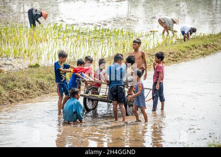 An Giang 21 septembre 2019.Les enfants jouent sur le champ de riz dans le festival traditionnel cambodgien sur le terrain Banque D'Images