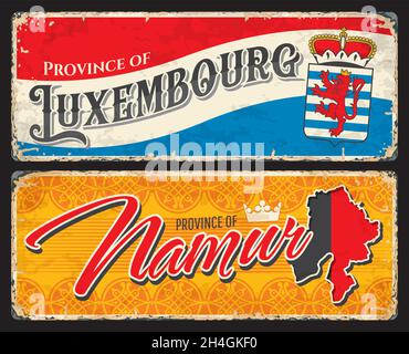 Namur, Luxembourg province belge assiettes et autocollants de voyage.Banderoles de grunge de territoire belge, panneau d'étain vectoriel avec provinces drapeaux couleurs, Illustration de Vecteur