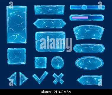 Boutons, curseurs, flèches et touches de dessin animé transparents avec fissures.ICE Crystals Game Asset, éléments d'interface du panneau utilisateur avec play et stop, conf Illustration de Vecteur