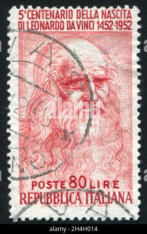 ITALIE - VERS 1952: Timbre imprimé par l'Italie, montre Leonardo da Vinci, vers 1952 Banque D'Images