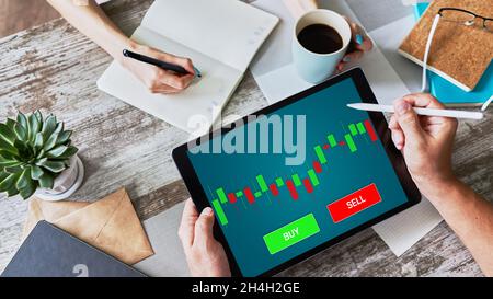 Négociation en ligne monnaie Forex marché boursier concept à l'écran avec graphiques économiques Candle graphique et VENTE et BOUTONS d'ACHAT. Banque D'Images