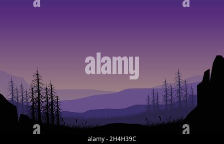 Vue fantastique sur les montagnes avec silhouette de pins au crépuscule depuis la campagne.Illustration vectorielle d'une ville Illustration de Vecteur