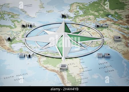 Symbole de boussole vintage indiquant les directions sur la carte du monde.Illustration 3D. Banque D'Images