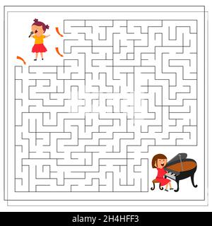 Un jeu de puzzle pour les enfants, passer par le labyrinthe. Les enfants sont des musiciens. Vecteur isolé sur un fond blanc. Illustration de Vecteur
