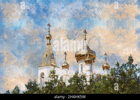 Une église chrétienne orthodoxe parmi les arbres verts.Bâtiment d'église blanc avec dômes dorés.Ciel bleu clair en arrière-plan.Foi, religion.Numérique Banque D'Images