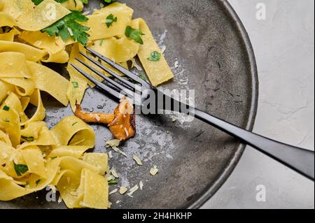 Assiette de pâtes traditionnelles pampdelle avec chanterelle champignons mangés non finis, fourchette sur l'assiette.Mise au point sélective, gros plan Banque D'Images