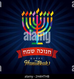 Carte de voeux Hanukkah heureuse, couleur hanukka menorah.Icône en forme de candélabrum Hanukka colorée avec huit branches et texte hébreu sur fond bleu marine Illustration de Vecteur