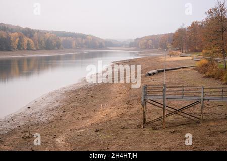 Stadtlauringen, Allemagne.03ème novembre 2021.Des arbres de couleur automatique entourent le lac Ellertshausen, qui a déjà été drainé dans une large mesure.La pêche du plus grand lac de la Basse-Franconie a commencé.La raison pour drainer le lac est, entre autres choses, des travaux d'assainissement et de dessalage.Credit: Nicolas Armer/dpa/Alay Live News Banque D'Images