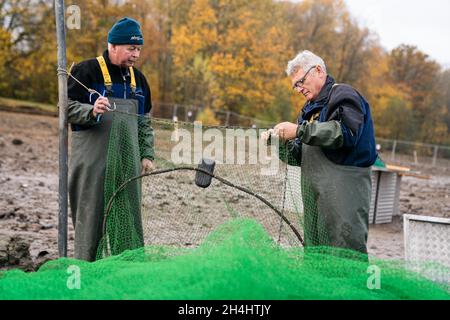 Stadtlauringen, Allemagne.03ème novembre 2021.Les pêcheurs professionnels Peter Liebe (r) et Norbert Dabelstein réparent un filet.La pêche du plus grand lac de la Basse-Franconie a commencé.La raison pour drainer le lac est, entre autres choses, des travaux d'assainissement et de dessalage.Credit: Nicolas Armer/dpa/Alay Live News Banque D'Images