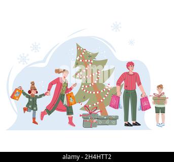 La famille achète des cadeaux de Noël et du nouvel an, illustration vectorielle plate isolée sur fond blanc.La famille travaille avec des sacs au marché de Noël. Illustration de Vecteur