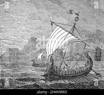 Illustration d'une Galley romaine à la fin du XIXe siècle, un type de navire qui est principalement propulsé par des arres et/ou des voiles.Ils ont été autour si longtemps leur origine exacte reste inconnue.Au moment où la guerre navale était enregistrée, ils ont permis aux puissances navales de dominer le monde méditerranéen.Les gallées ont continué à jouer un rôle énorme dans la bataille pour la Méditerranée entre les Romains et les Carthaginois aux 3ème et 2ème siècles avant J.-C. – les guerres puniques. Banque D'Images