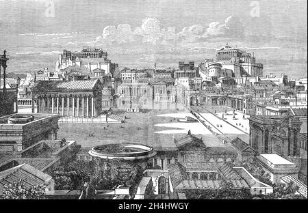 Illustration du Forum et de la capitale de Rome à la fin du XIXe siècle sous l'Empire romain.L'Empire était la période post-républicaine de la Rome antique.Elle comprenait de vastes réserves territoriales autour de la mer Méditerranée en Europe, en Afrique du Nord et en Asie occidentale gouvernées par des empereurs.De l'accession de César Auguste à l'anarchie militaire du IIIe siècle, il était un princier avec l'Italie comme metropole des provinces et la ville de Rome comme capitale unique (27 av. J.-C. – AD 286). Banque D'Images