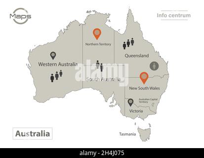 Carte de l'Australie, régions individuelles avec noms, infographies et vecteur d'icônes Illustration de Vecteur