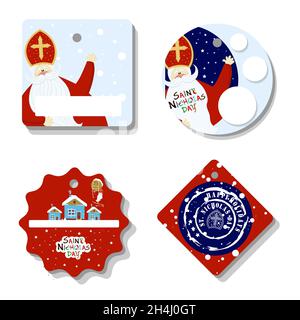 Étiquettes de prix en papier de fête ou étiquettes-cadeaux de différentes formes.Ensemble d'autocollants pour le jour de Saint-Nicolas.Saint-Nicolas, Mikulas, Sinterklaas EV Illustration de Vecteur