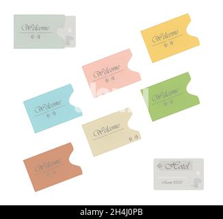 Carte-clé RFID de l'hôtel avec porte-cartes de couleur isolés sur fond blanc.Enveloppes en papier couleurs.Modèle vectoriel Illustration de Vecteur