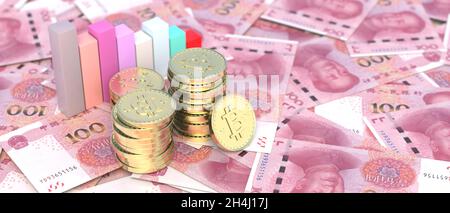 Yuan chinois et crypto-monnaie.Les bitcoins s'empilent sur le fond des billets de facture en renminbi.Argent virtuel contre les billets papier, l'investissement, l'échange.3d il Banque D'Images