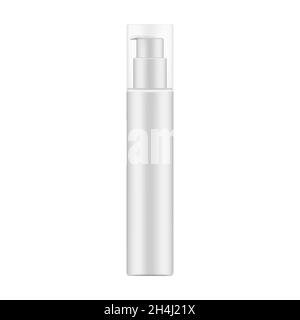 Flacon à cosmétiques blanc avec distributeur et couvercle transparent, maquette réaliste.Contenant de produit de soins de beauté pour la peau, maquette vectorielle Illustration de Vecteur