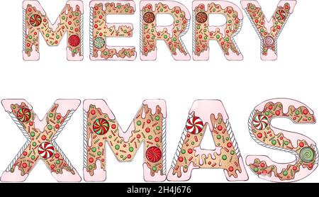 Lettrage en pain d'épice Merry Xmas couleur Illustration de Vecteur
