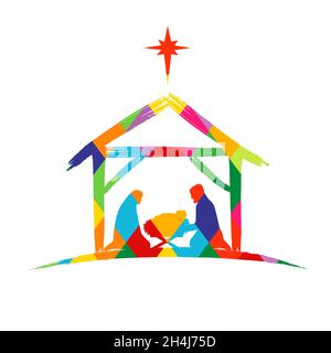 Scène de Nativité silhouette colorée de la facette Jésus dans le mangeur et l'étoile.Histoire de Noël Marie, Joseph et naissance de bébé Christ.Vecteur coloré en vitrail Illustration de Vecteur