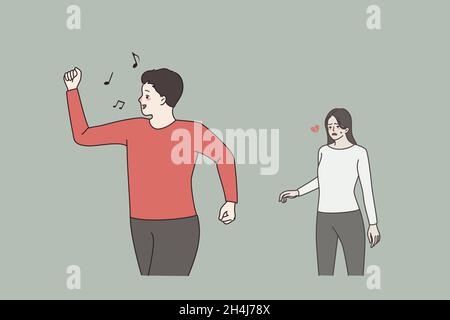 Un jeune homme heureux laisse bouleversé femme stressée amante derrière.Relations de séparation de couple.Souriant optimiste mâle de cesser de dater triste solitaire malheureux petite amie.Séparation, divorce.Illustration vectorielle. Illustration de Vecteur