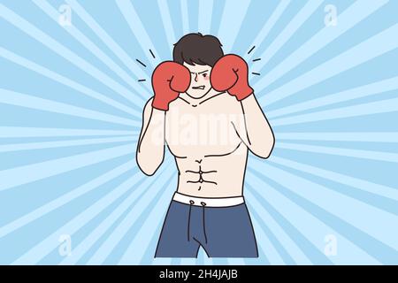 Un jeune boxeur en short et en gants fume avec un adversaire sur la piste.Un sportif agressif qui se concentre sur les coups de poing de la boxe.Championnat, sport concept.Illustration vectorielle plate. Illustration de Vecteur