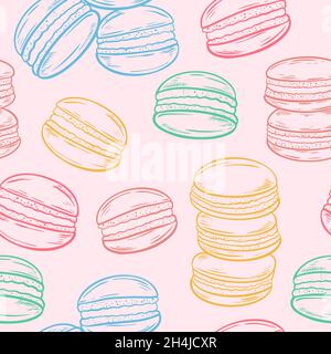 Gâteaux sans couture, gravés à la main.Arrière-plan avec macarons français.Modèle de fête brillant pour emballer le papier, le papier peint et le dos.Vecteur Ill Illustration de Vecteur