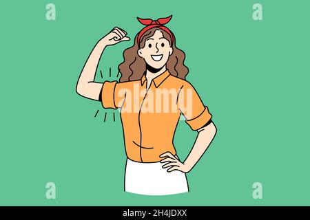 Féminisme, confiance en soi de la femme concept.Jeune fille souriante personnage de dessin animé debout montrant biceps sentiment confiant forte illustration de vecteur Illustration de Vecteur