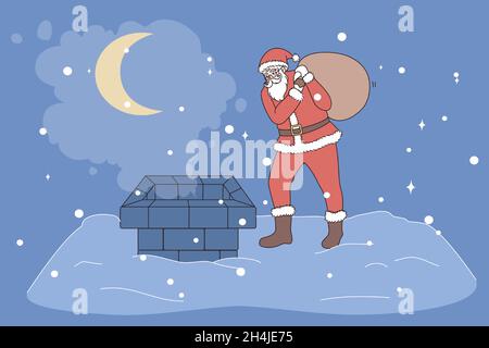 Le Père Noël en costume rouge festif avec sac de cadeaux sautent dans la cheminée sur le toit de la maison.Père Noël félicitez avec des vacances d'hiver avec des cadeaux.Célébration du nouvel an.Illustration vectorielle. Illustration de Vecteur