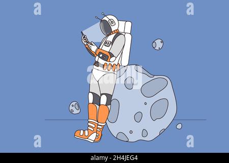 Astronaute sur l'astéroïde utiliser un smartphone moderne naviguer sur Internet sans fil dans l'espace ouvert.Spaceman en costume sur la lune message texte sur le gadget de téléphone portable.Technologie.Illustration vectorielle plate. Illustration de Vecteur