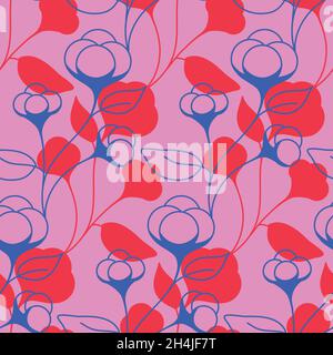 Tige en coton à motif sans couture sur une tige rose bleu rouge.Motif fleuri naturel biologique pour un style unique Illustration de Vecteur