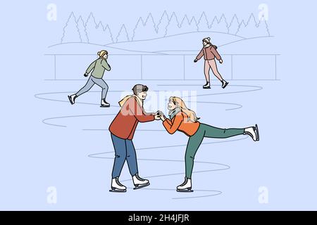 Loisirs actifs en hiver concept.Jeune heureux couple souriant patinant ensemble sur la patinoire tenant les mains ayant amusant illustration vectorielle Illustration de Vecteur