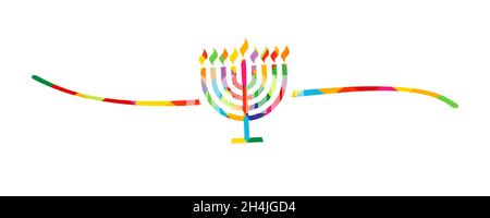 Hanukkah menorah vitrail de couleur, en forme de diviseur dessiné à la main.Icône en forme de candélabrum Hanukka colorée avec huit branches et ligne sur fond blanc Illustration de Vecteur