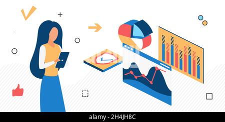 Analyse des données financières dans les entreprises, contrôle des indicateurs commerciaux.Femme d'affaires ou comptable , conception vectorielle isométrique isolée Illustration de Vecteur