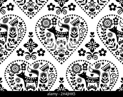 Ornement répétitif nordique de la Saint-Valentin avec motif renard et floral sur fond blanc en noir et blanc Illustration de Vecteur