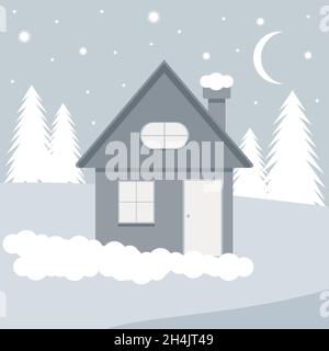 Maison d'hiver ou chalet à la campagne, près des sapins, dans des tons gris.Nuit Noël paysage d'hiver.Jolie illustration vectorielle confortable et plate Illustration de Vecteur