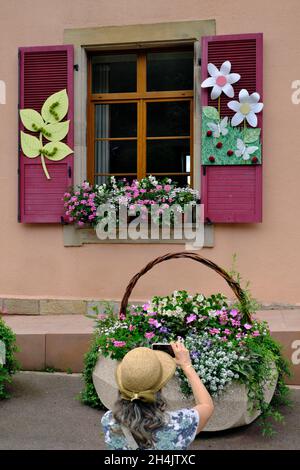 France, territoire de Belfort, Rougegoutte, mairie, décorations en été Banque D'Images