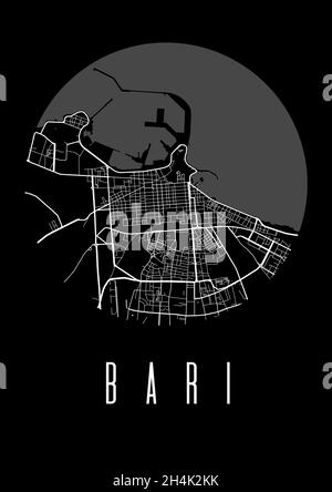 Bari carte vecteur poster noir.Vue circulaire ronde, plan des rues de la ville de Bari illustration A4.Paysage urbain panorama silhouette vue aérienne, typographie Illustration de Vecteur