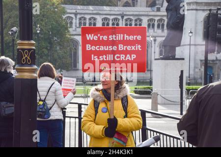 Londres, Royaume-Uni.03ème novembre 2021.Un manifestant tient un écriteau anti-Brexit pendant la manifestation.des manifestants se sont rassemblés devant le Parlement pour protester contre le Brexit, Boris Johnson et le gouvernement conservateur.Crédit : SOPA Images Limited/Alamy Live News Banque D'Images