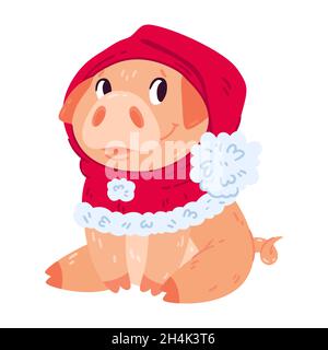 Joli cochon dans un chapeau de Noël.Nouveau-an dans la cagoule rouge.Animal de ferme souriant.Illustration vectorielle colorée isolée sur fond blanc. Illustration de Vecteur