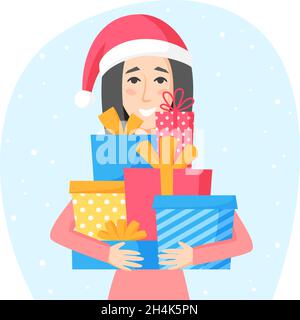 Femme en chapeau de père Noël tenant des boîtes cadeaux.Acheter et préparer des cadeaux de Noël pour la famille et les amis.Cadeaux avec rubans et noeuds.Vecteur plat Illustration de Vecteur