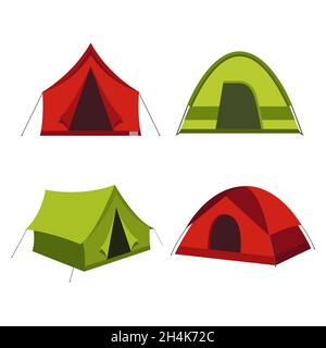 Camping tente vecteur icônes isolées sur fond blanc.Ensemble de tentes de camp touristique dans les couleurs rouge et vert. Illustration de Vecteur