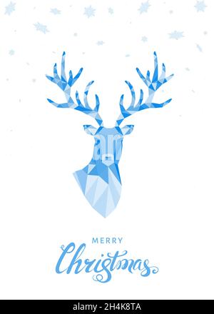 Tête de cerf triangle en polyéthylène basse.Carte de vœux de Noël avec renne bleu isolé sur fond blanc avec flocons de neige.Illustration vectorielle en origami Illustration de Vecteur