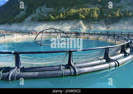 Gros plan des cages flottantes de pisciculture sur le lac de montagne.Géorgie Banque D'Images