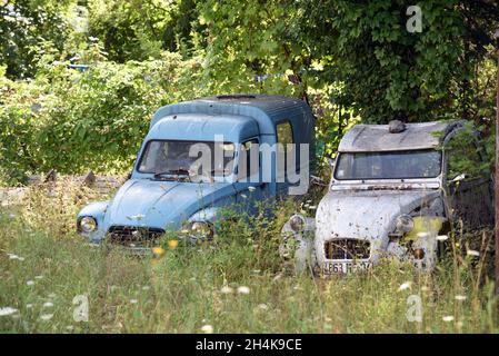 Paire ou couple de vieux millésime ou abandonné Citroën 2CV, ou deux chevaux, voitures ou automobiles abandonnés dans Back Yard Banque D'Images