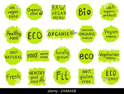 Ensemble de 100% biologique, naturel, bio, ferme, cru, éco,étiquettes d'aliments sains.Badges pour café végétalien, menu de restaurant, emballages de produits.Dessiné à la main v Illustration de Vecteur