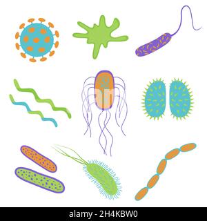 Dessin animé plat microbes et bactéries icônes ensemble isolé sur fond blanc.Forme de la cellule bactérienne.Illustration vectorielle de micro-organismes. Illustration de Vecteur